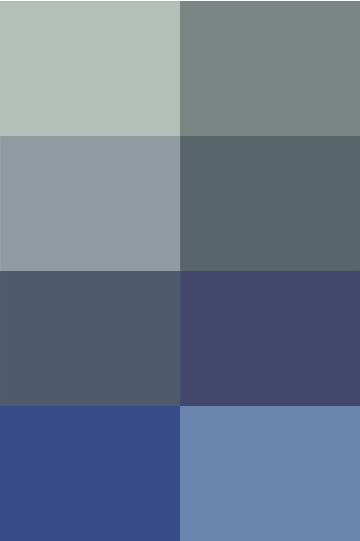 A grid of eight different shades of blue Isla Porter paint swatches.