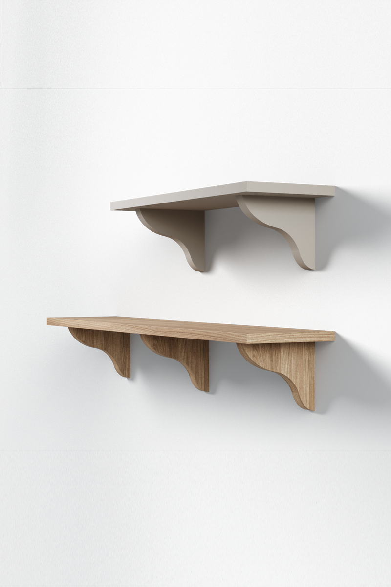 Isla Porter's Brin shelf style shown in two variations: the top two-bracket shelf is painted white, and the bottom three-bracket shelf is a natural wood stain.
