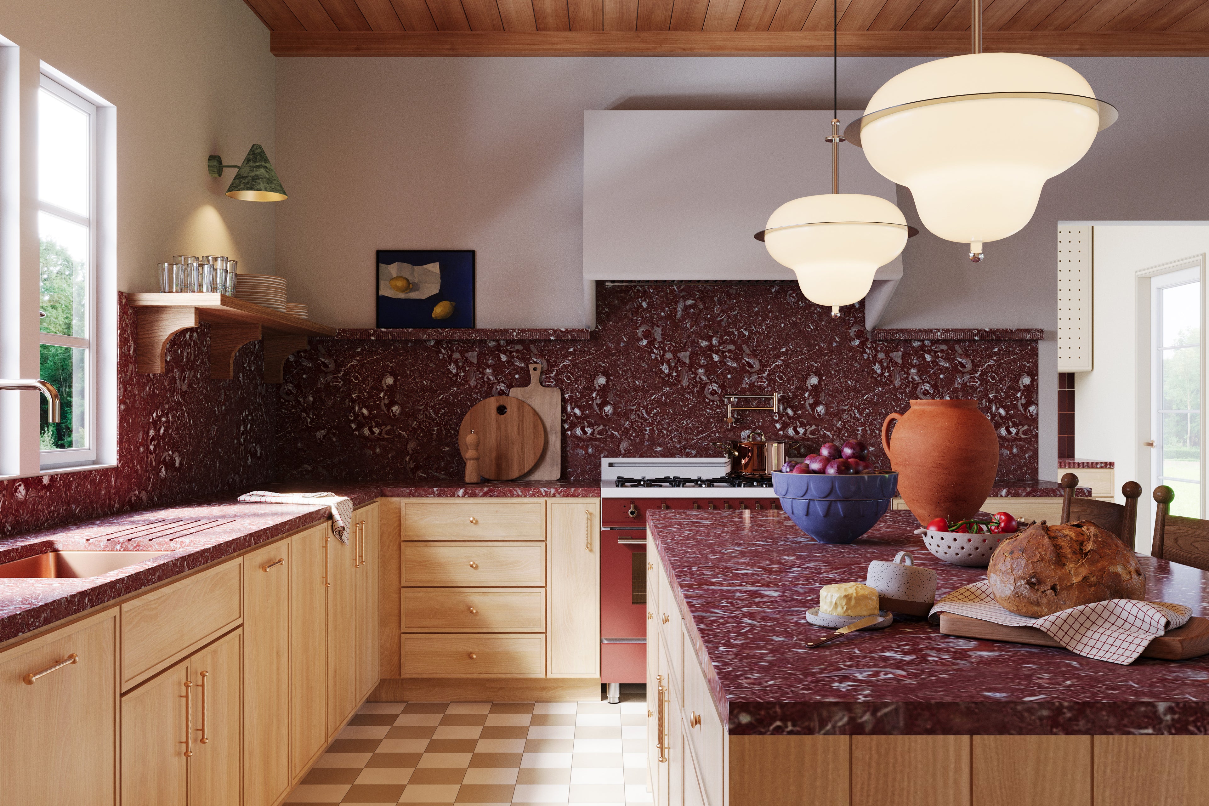 A modern kitchen featuring Isla Porter's Finn cabinets and Jove shelf in East Oak stain, Kipp range hood in "Coconuts" paint color, Burgundy Calcutta Marble countertops, brass hardware, and checkered floor tiles. A large window above the sink allows natural light to flood the space.