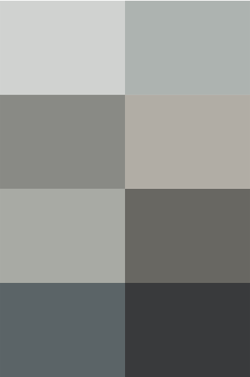 A grid of eight different shades of gray Isla Porter paint swatches.