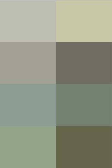 A grid of eight different shades of green Isla Porter paint swatches.
