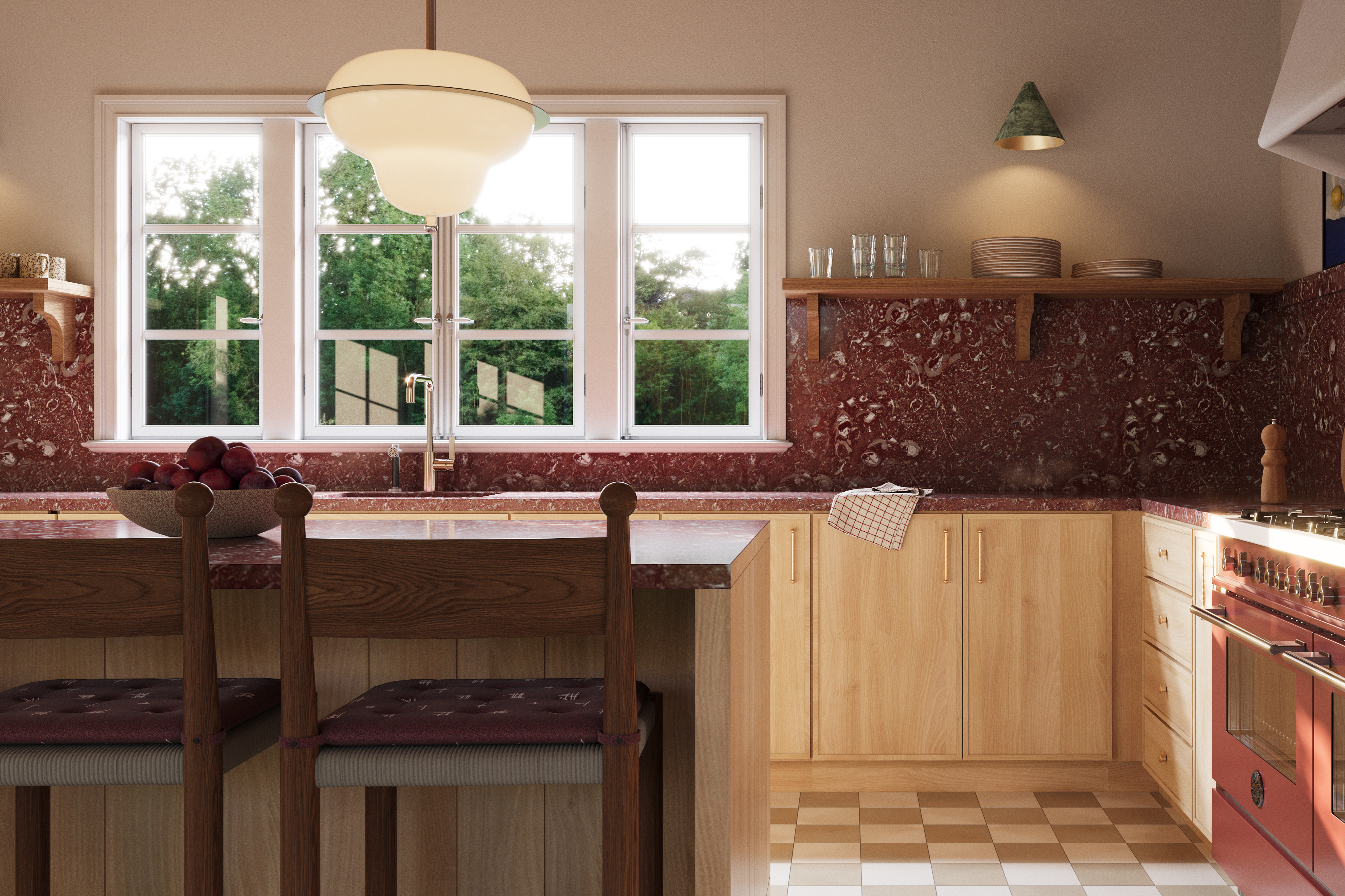 A modern kitchen featuring Isla Porter's Finn cabinets and Jove shelf in East Oak stain, Kipp range hood in "Coconuts" paint color, Burgundy Calcutta Marble countertops, brass hardware, and checkered floor tiles. A large window above the sink allows natural light to flood the space.