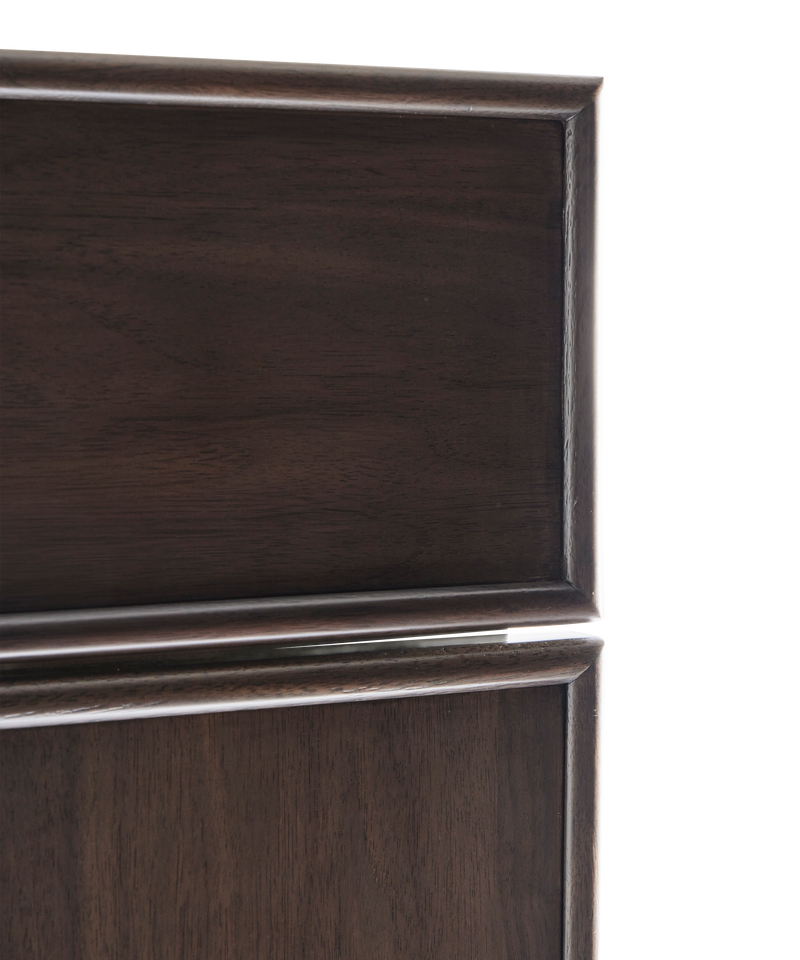 Close-up corner detail of Isla Porter's Rhys cabinet door style in "Espresso Martini" wood finish