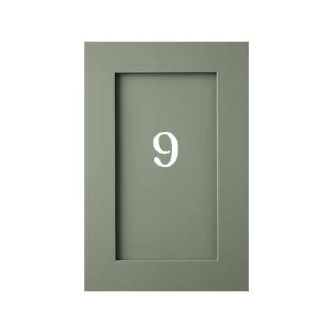 Isla Porter's Jane cabinet door style in "Cash" paint color with Ives Traditional Number Cutout displaying the number 9