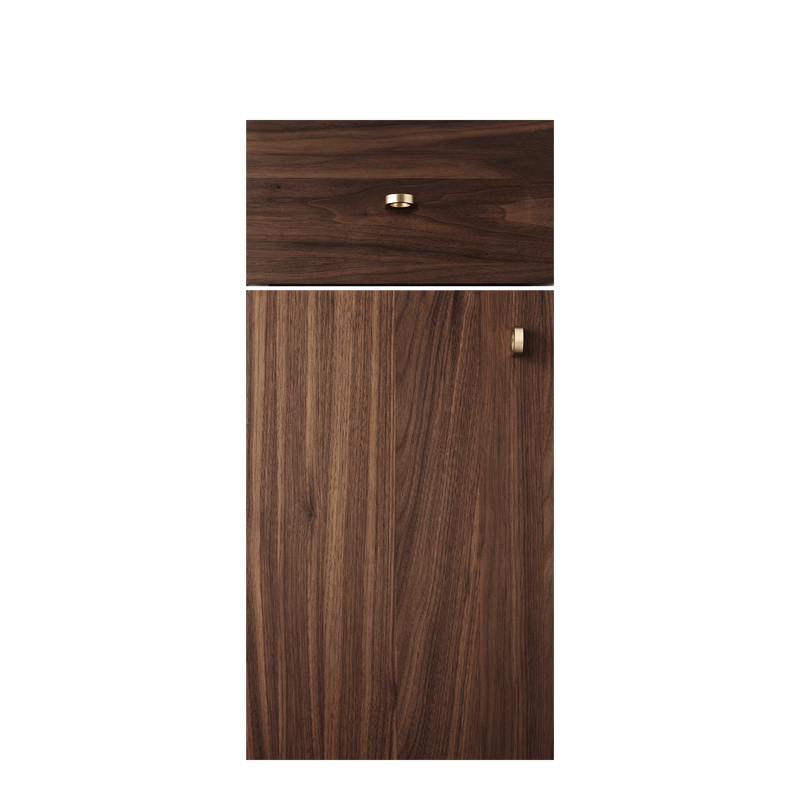 Isla Porter's Nils cabinet door style in "Millennial" wood finish with gold hardware
