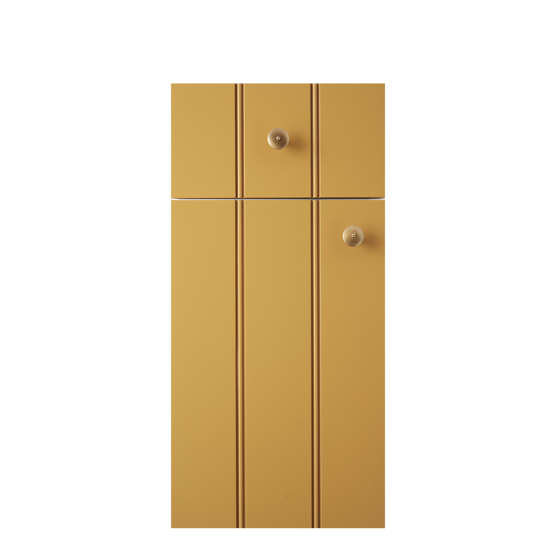 Isla Porter's York cabinet door style in "Summer Lawn" paint color with wooden hardware