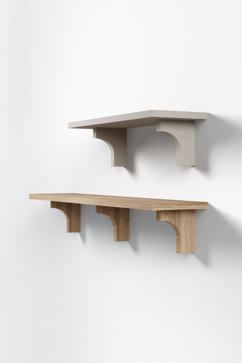 Isla Porter's Jove shelf style in two variations: the top two-bracket shelf is painted white, and the bottom three-bracket shelf is a natural wood stain.