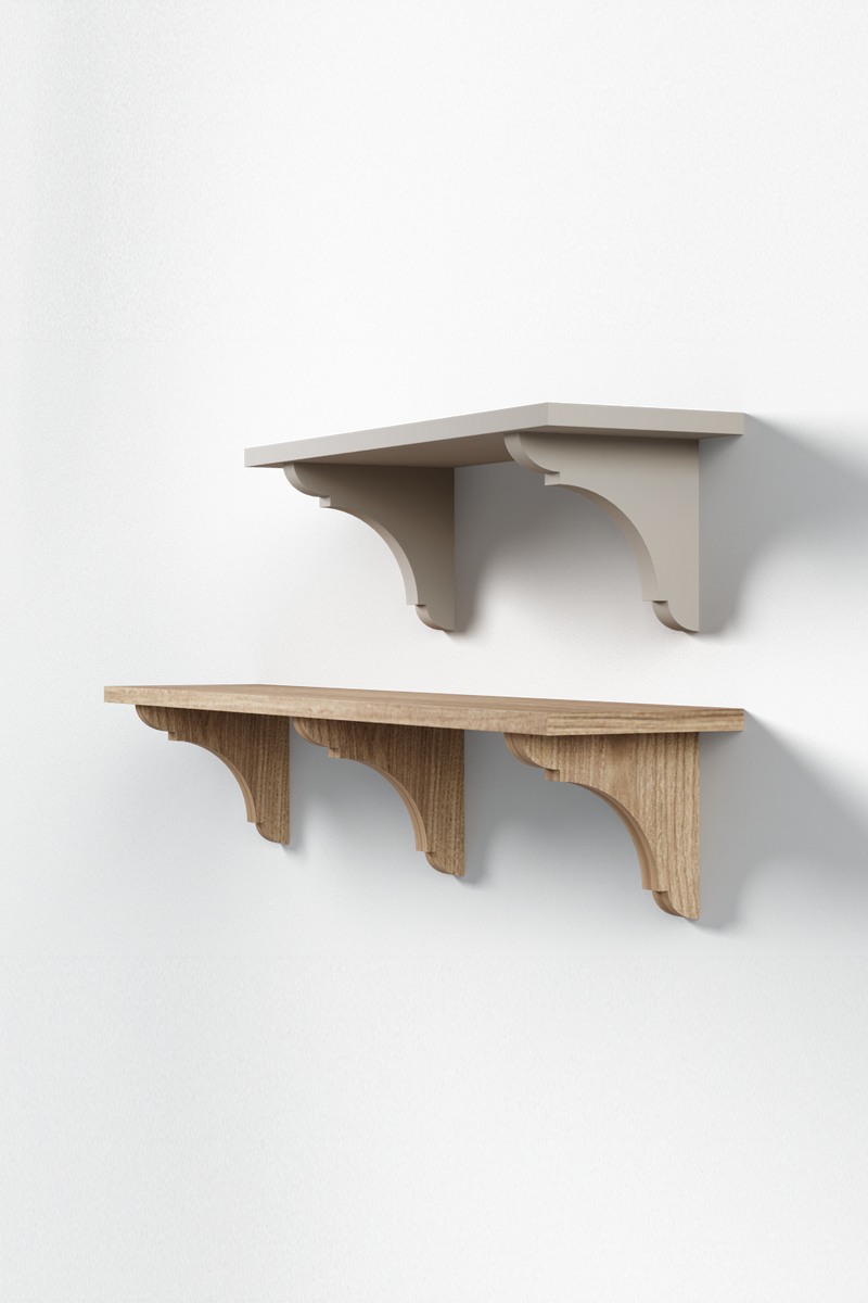 Isla Porter's Lark shelf style in two variations: the top two-bracket shelf is painted white, and the bottom three-bracket shelf is a natural wood stain.