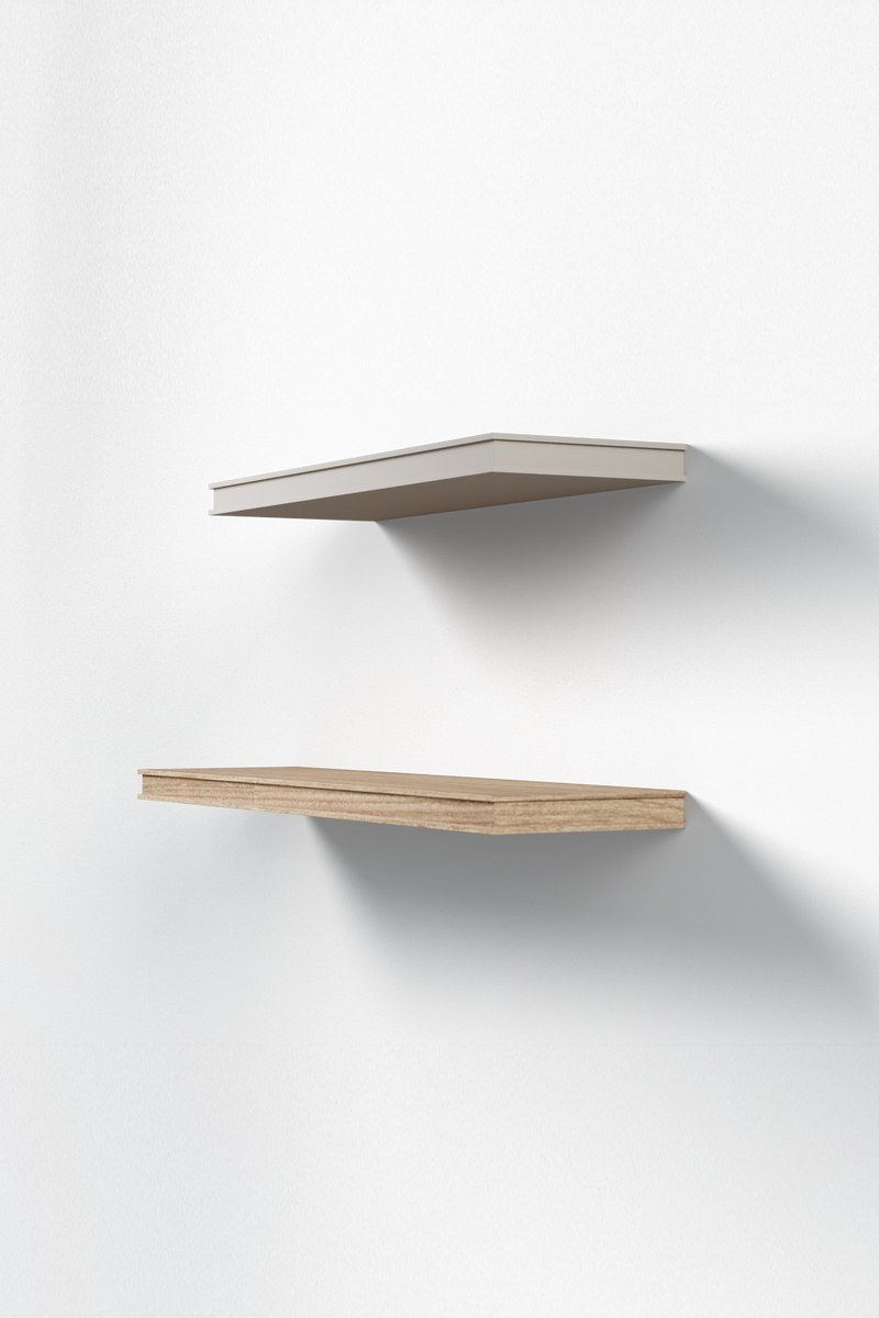 Isla Porter's Loue II shelf style in two variations: the top shelf is painted white, and the bottom shelf is a natural wood stain.